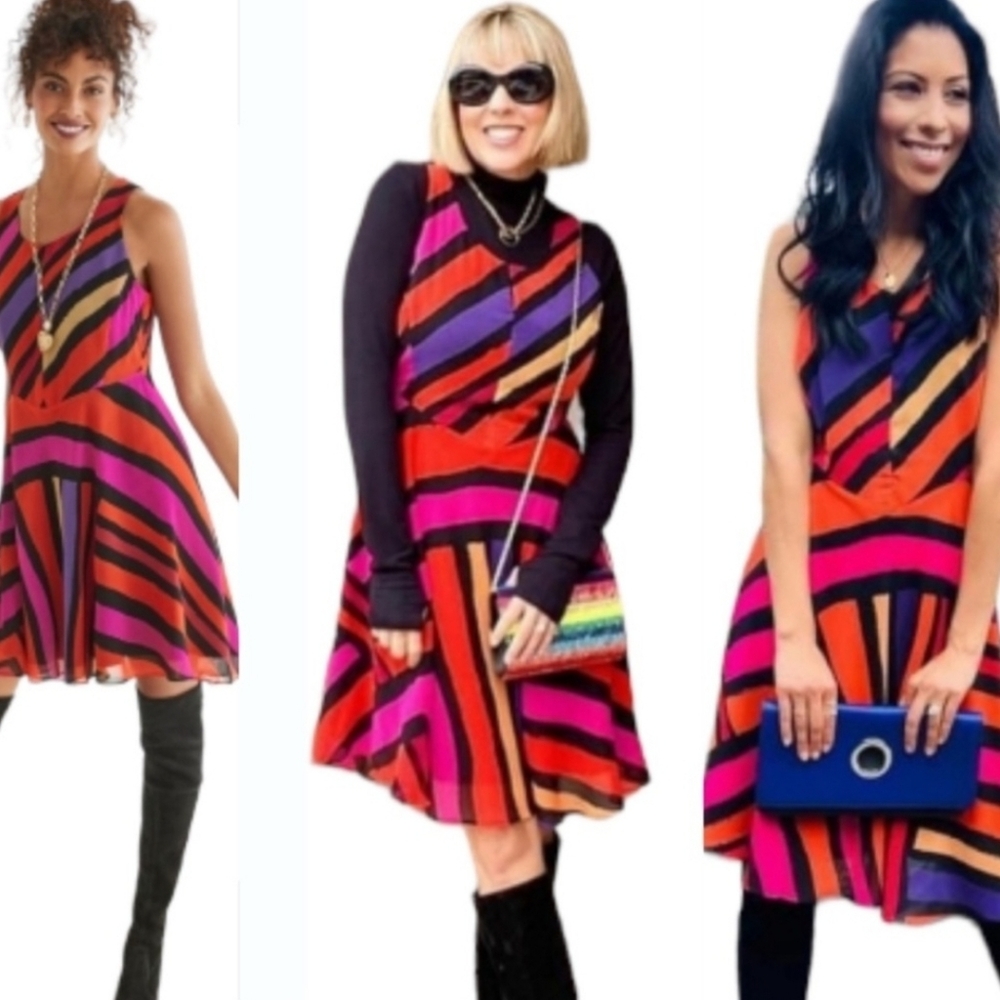 CAbi Vibrant Striped Midi Dress in Red, Pink, and Orange